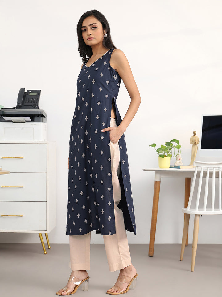 Libas Navy Blue Ethnic Motifs Woven Design Cotton Blend A-Line Kurta Set