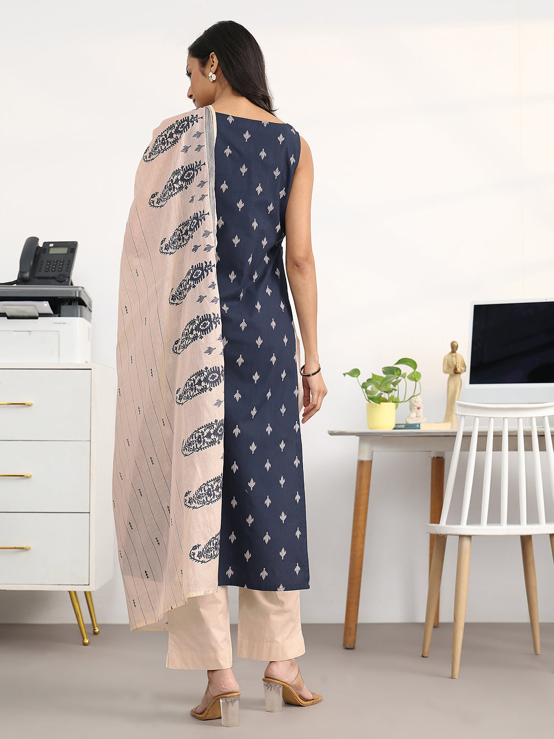 Libas Navy Blue Ethnic Motifs Woven Design Cotton Blend A-Line Kurta Set