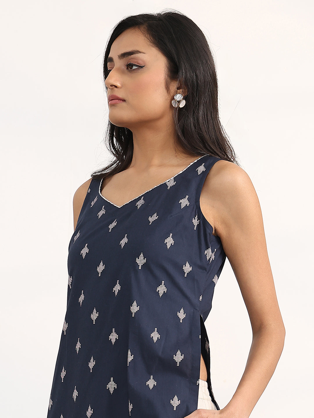 Libas Navy Blue Ethnic Motifs Woven Design Cotton Blend A-Line Kurta Set