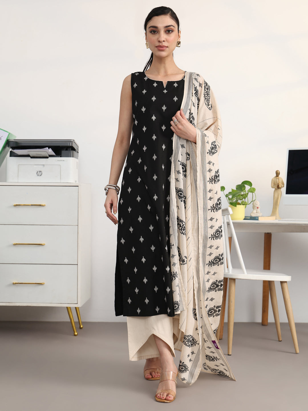 Libas Black Ethnic Motifs Printed Cotton Blend Straight Suit Set With Dupatta