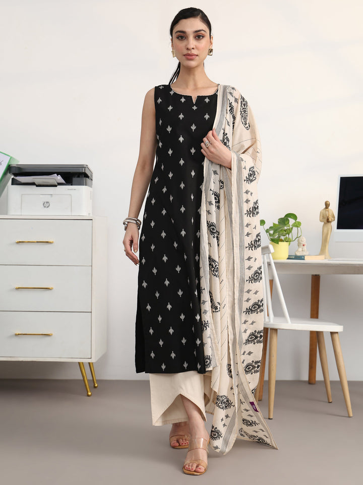 Libas Black Ethnic Motifs Printed Cotton Blend Straight Suit Set With Dupatta