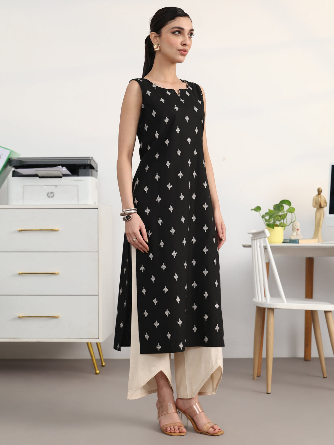 Libas Black Ethnic Motifs Printed Cotton Blend Straight Suit Set With Dupatta