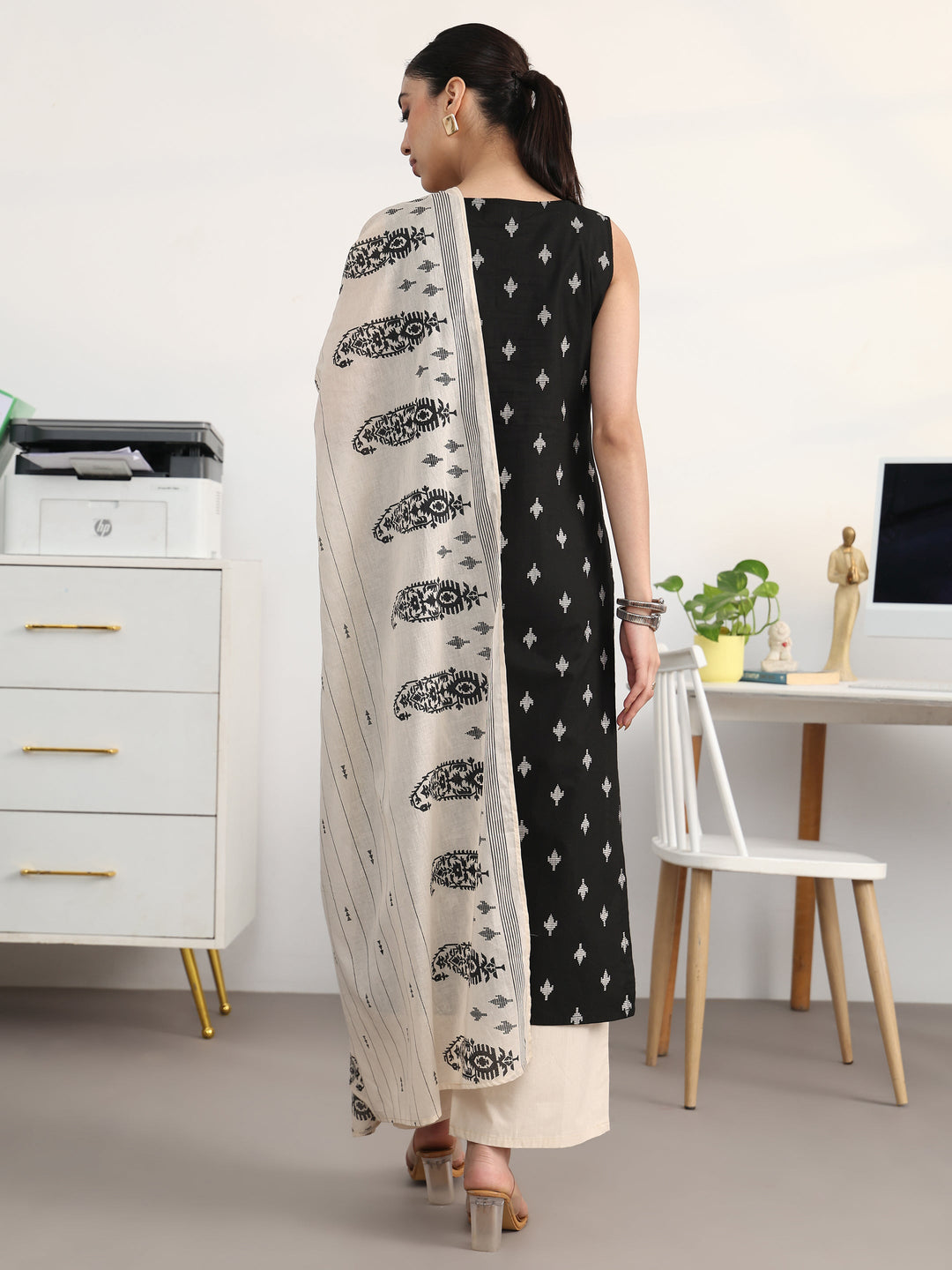 Libas Black Ethnic Motifs Printed Cotton Blend Straight Suit Set With Dupatta