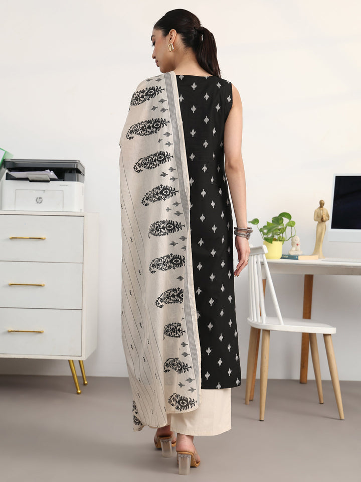 Libas Black Ethnic Motifs Printed Cotton Blend Straight Suit Set With Dupatta