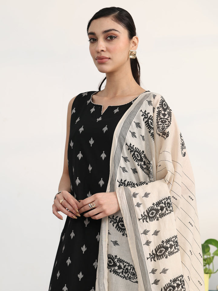 Libas Black Ethnic Motifs Printed Cotton Blend Straight Suit Set With Dupatta