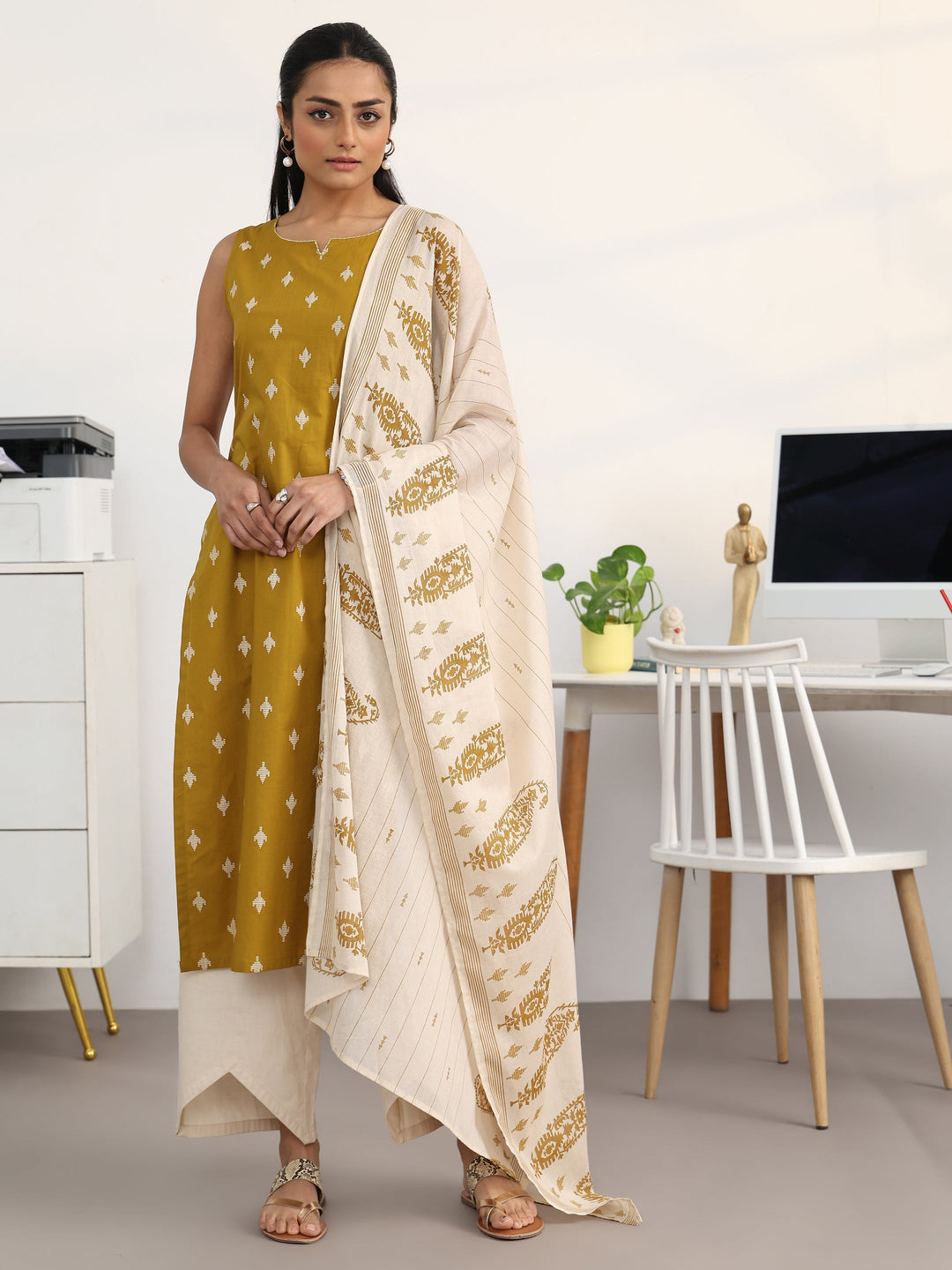 Libas Mustard Ethnic Motifs Printed Cotton Blend Straight Suit Set With Dupatta