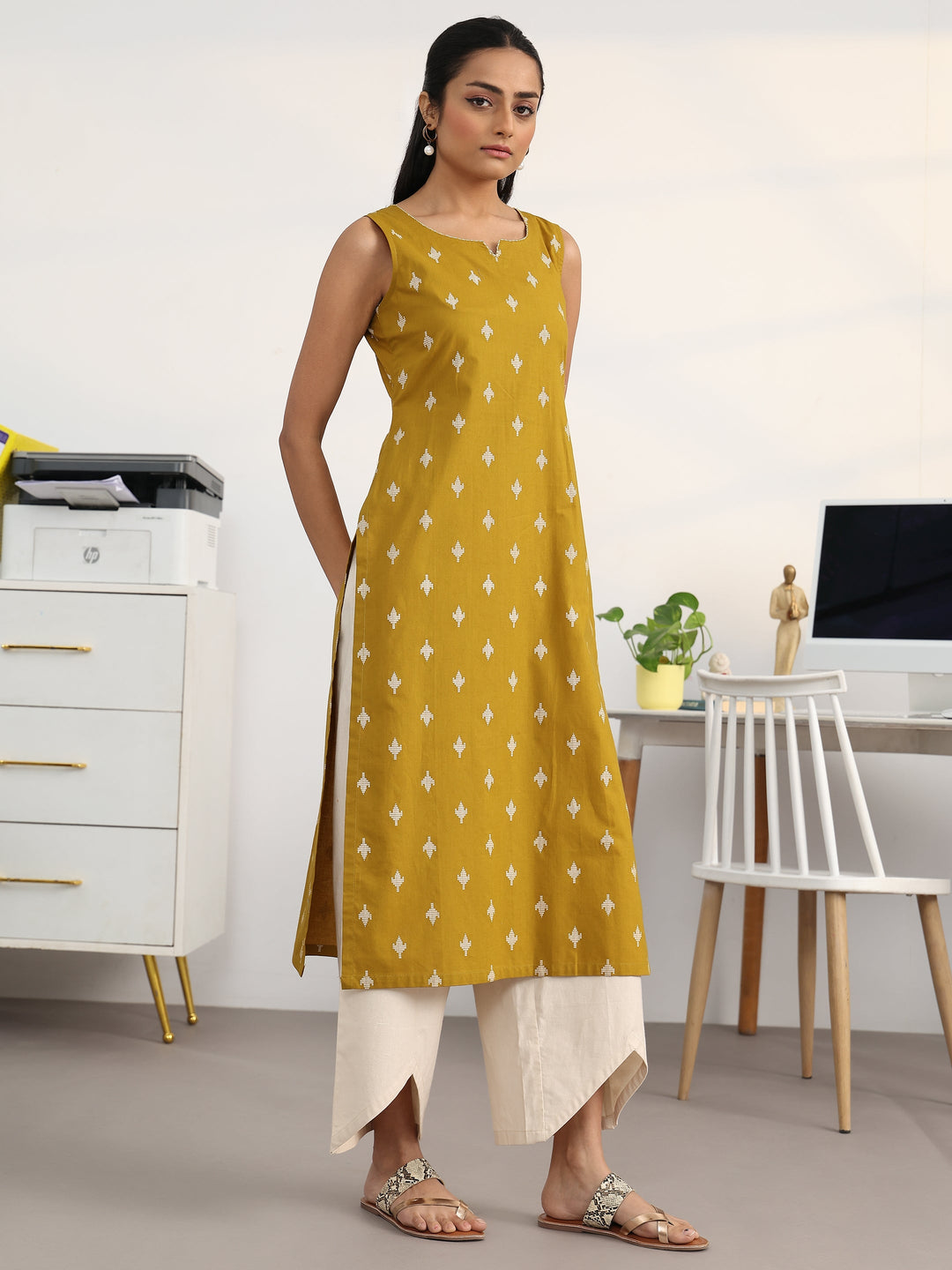 Libas Mustard Ethnic Motifs Printed Cotton Blend Straight Suit Set With Dupatta