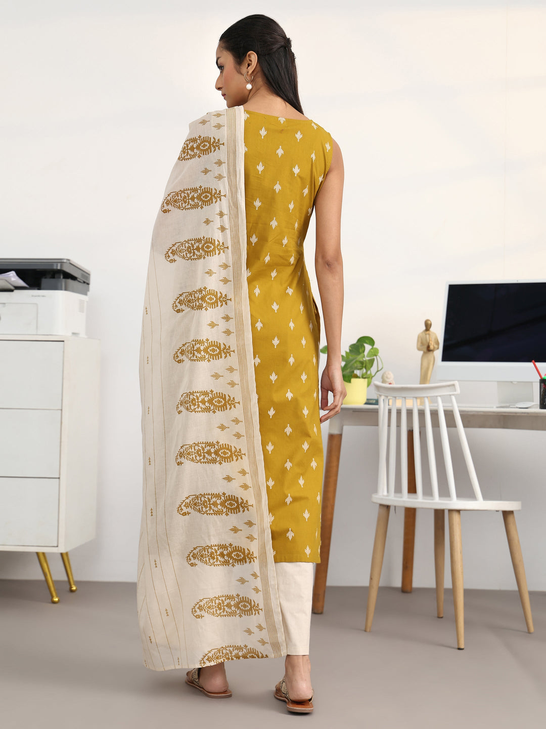 Libas Mustard Ethnic Motifs Printed Cotton Blend Straight Suit Set With Dupatta