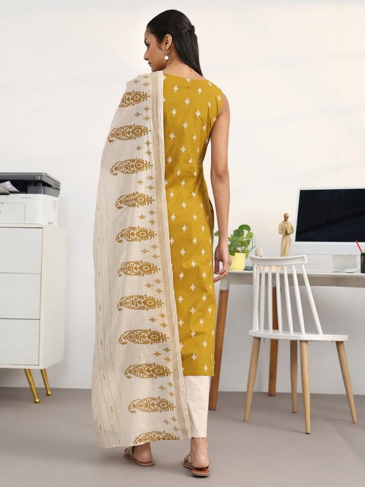 Libas Mustard Ethnic Motifs Printed Cotton Blend Straight Suit Set With Dupatta