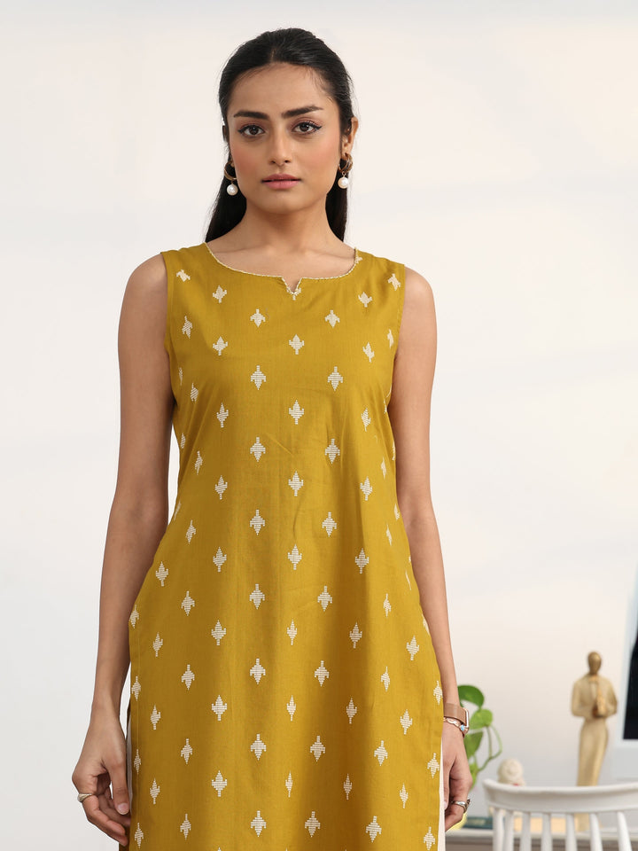 Libas Mustard Ethnic Motifs Printed Cotton Blend Straight Suit Set With Dupatta