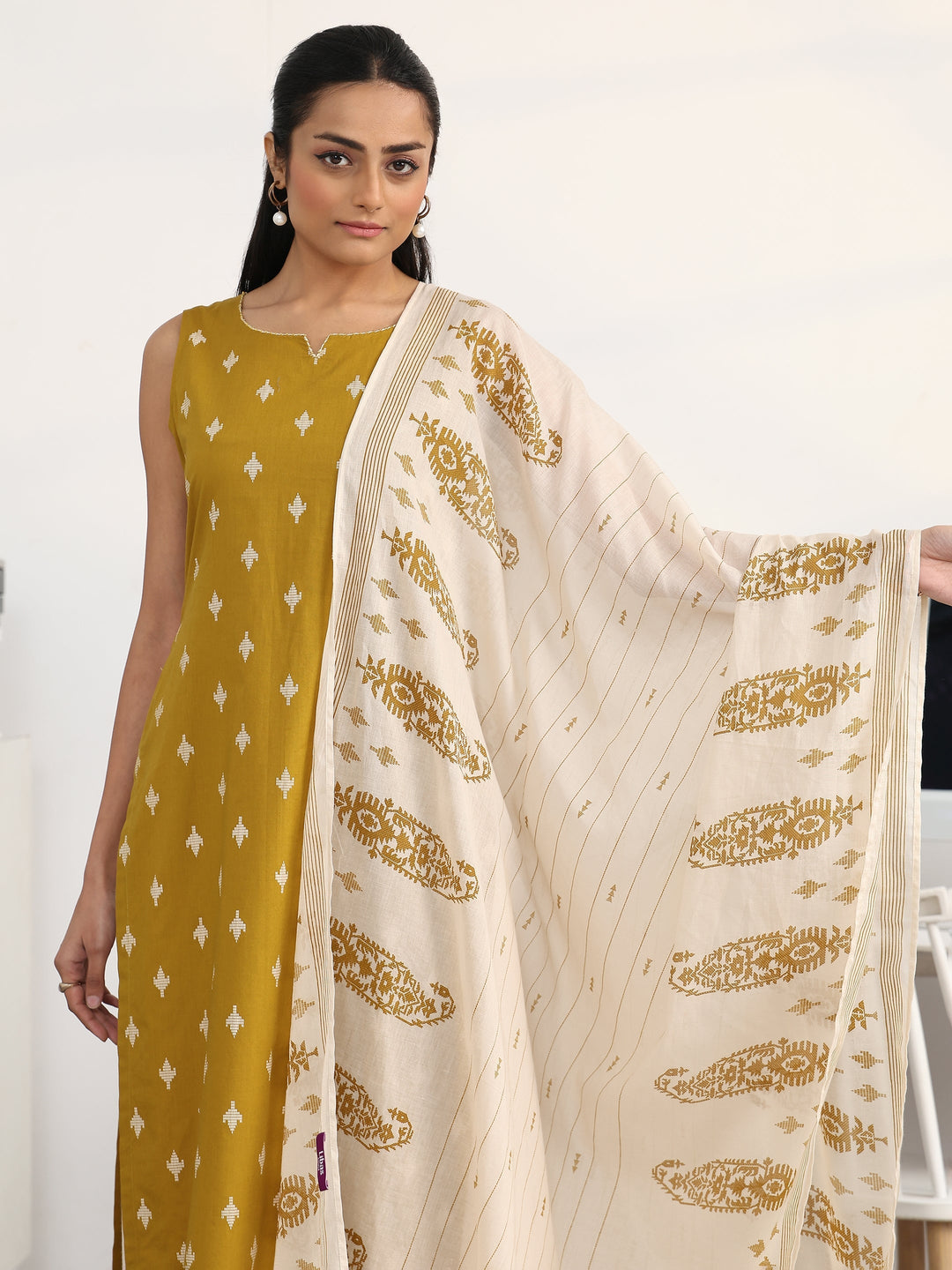 Libas Mustard Ethnic Motifs Printed Cotton Blend Straight Suit Set With Dupatta