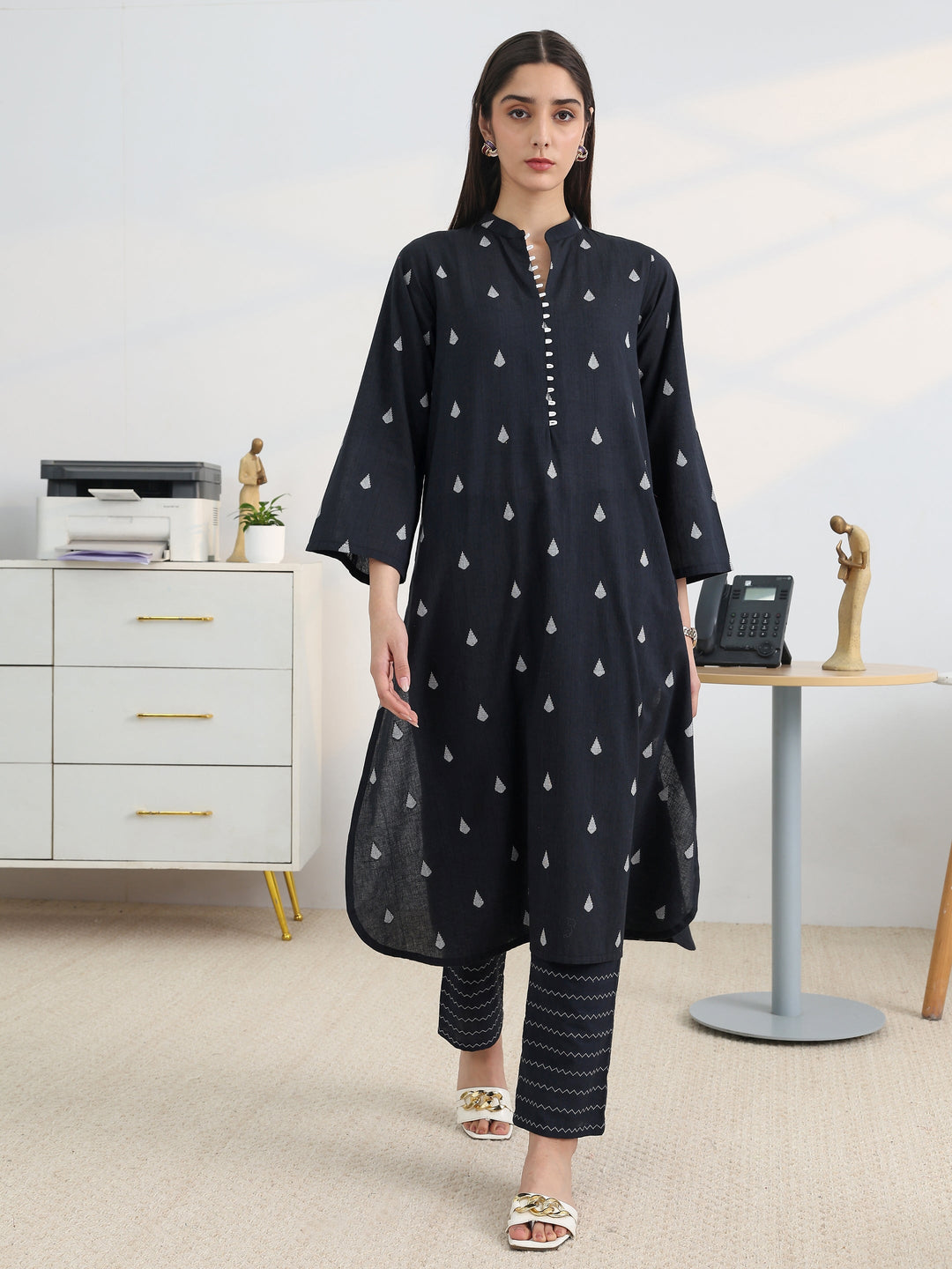 Libas Black Woven Design Cotton Blend A-Line Kurta Set