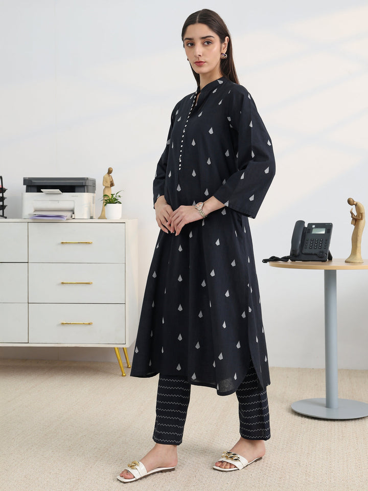 Libas Black Woven Design Cotton Blend A-Line Kurta Set