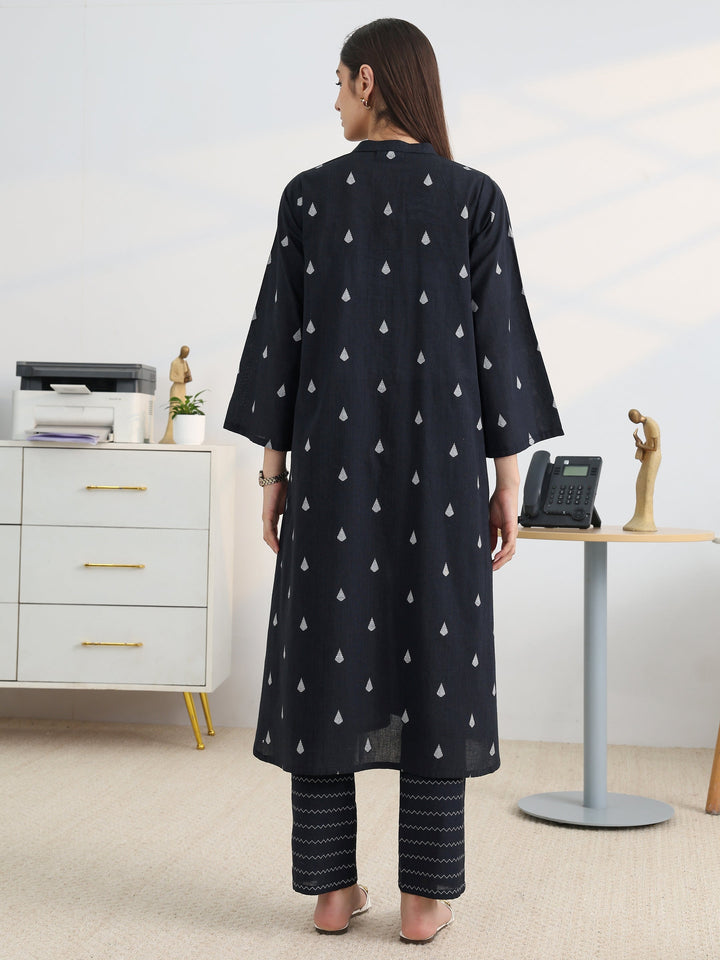 Libas Black Woven Design Cotton Blend A-Line Kurta Set