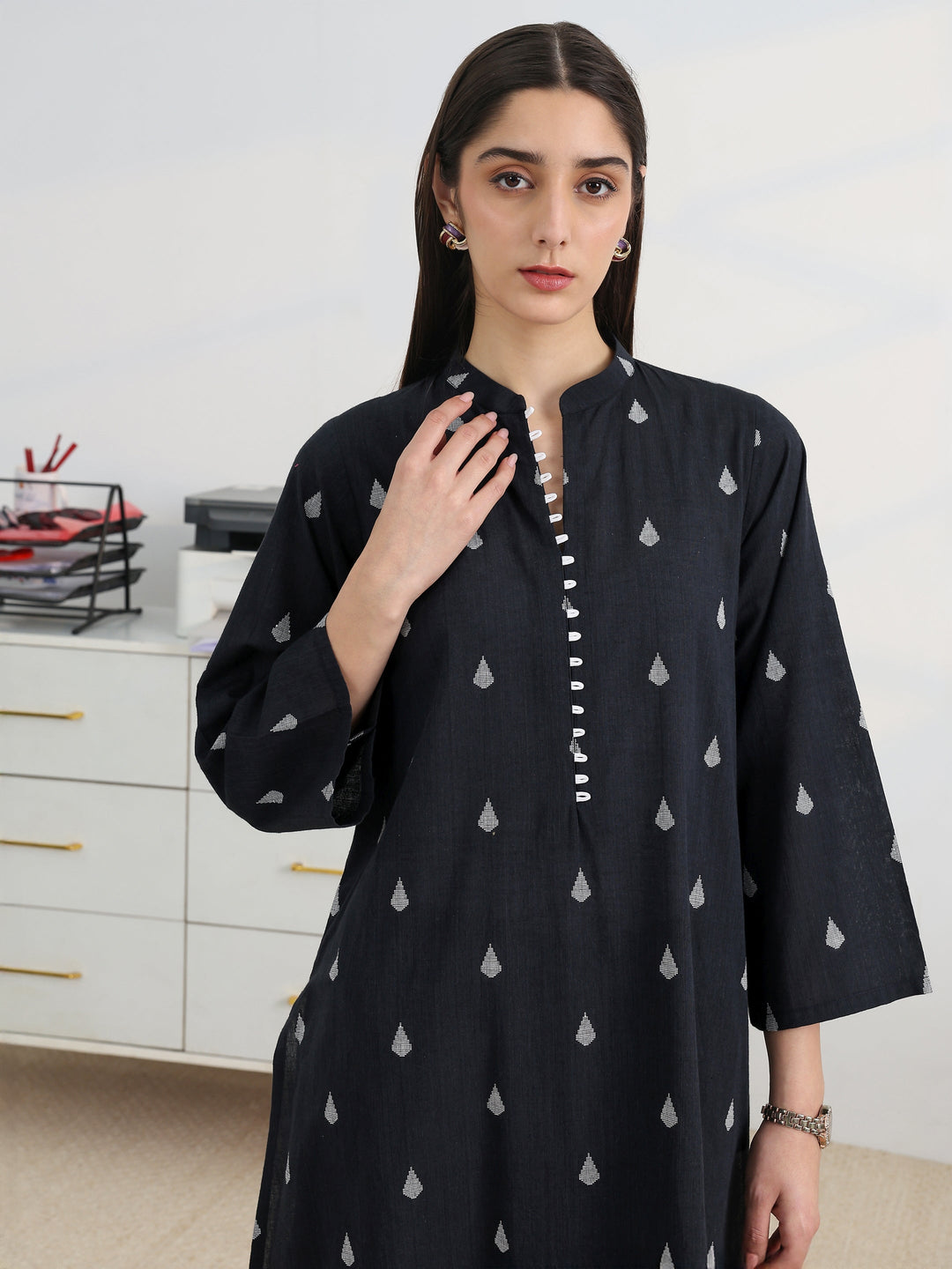 Libas Black Woven Design Cotton Blend A-Line Kurta Set