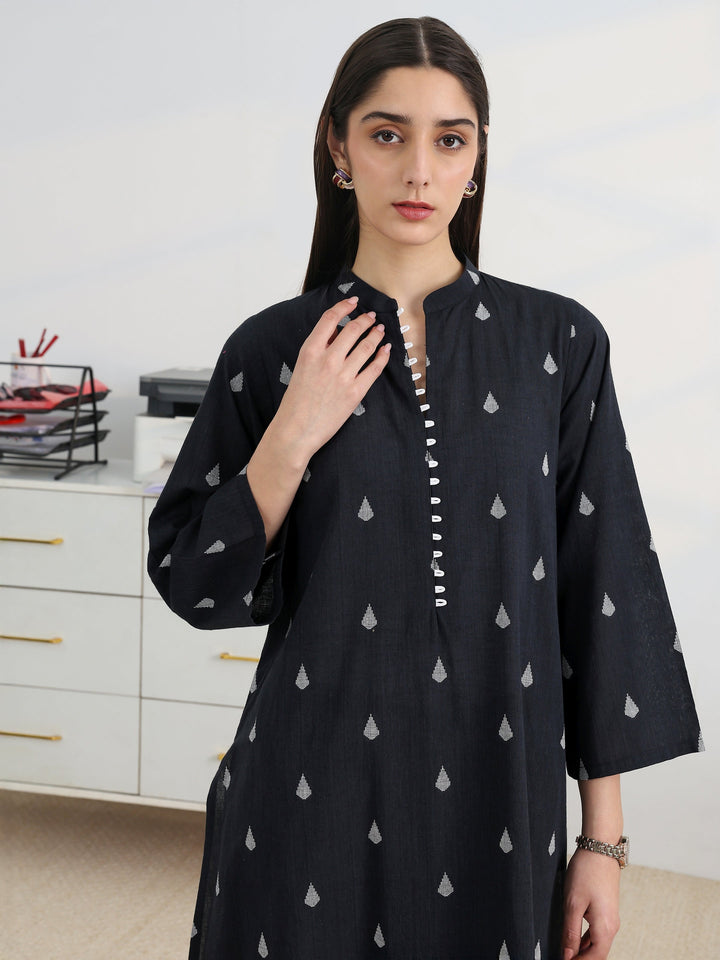 Libas Black Woven Design Cotton Blend A-Line Kurta Set