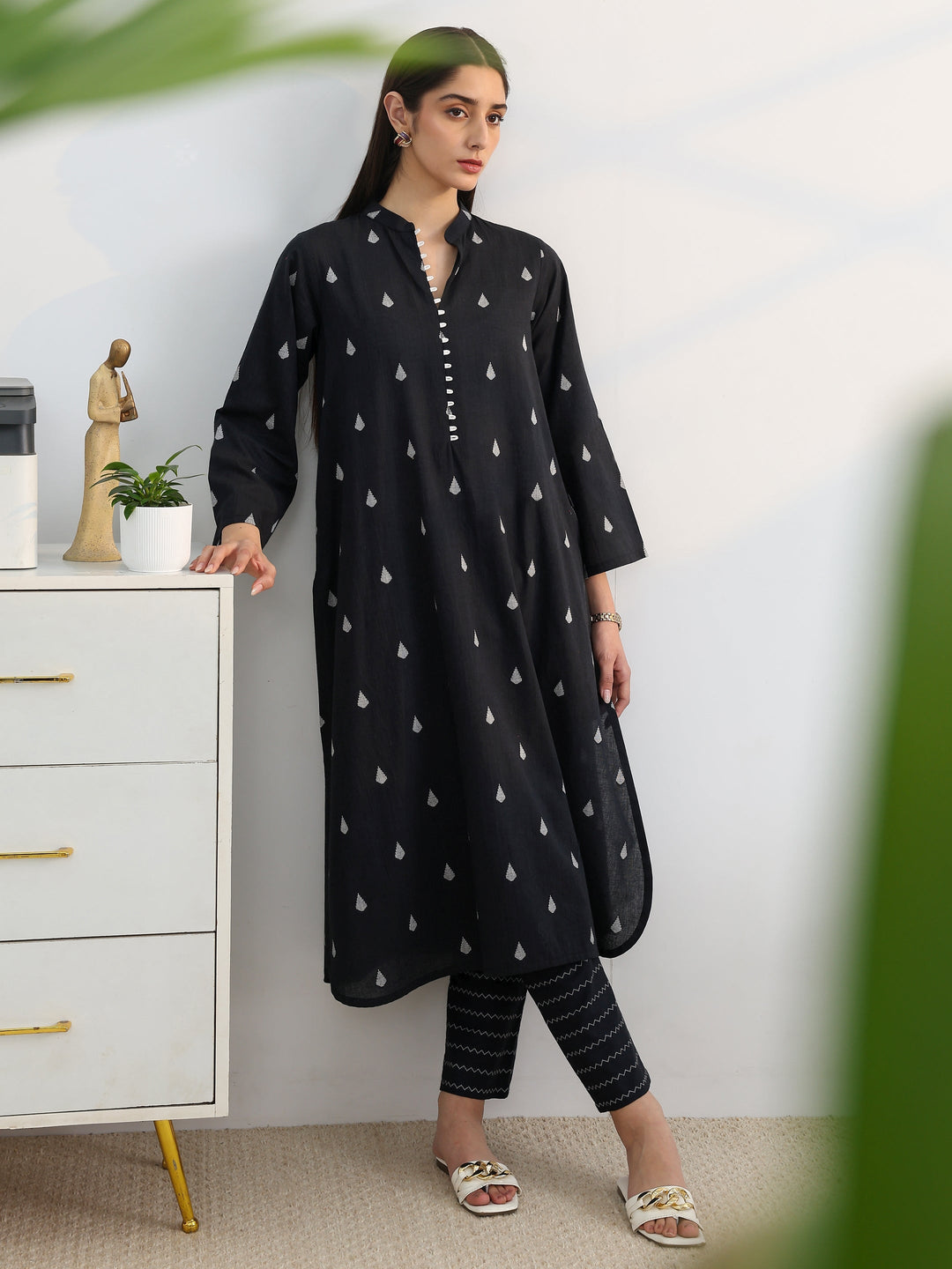 Libas Black Woven Design Cotton Blend A-Line Kurta Set