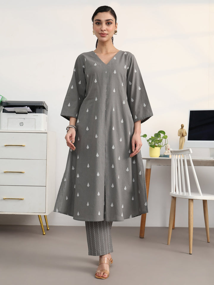 Libas Grey Floral Woven Design Cotton Blend A-Line Kurta Set