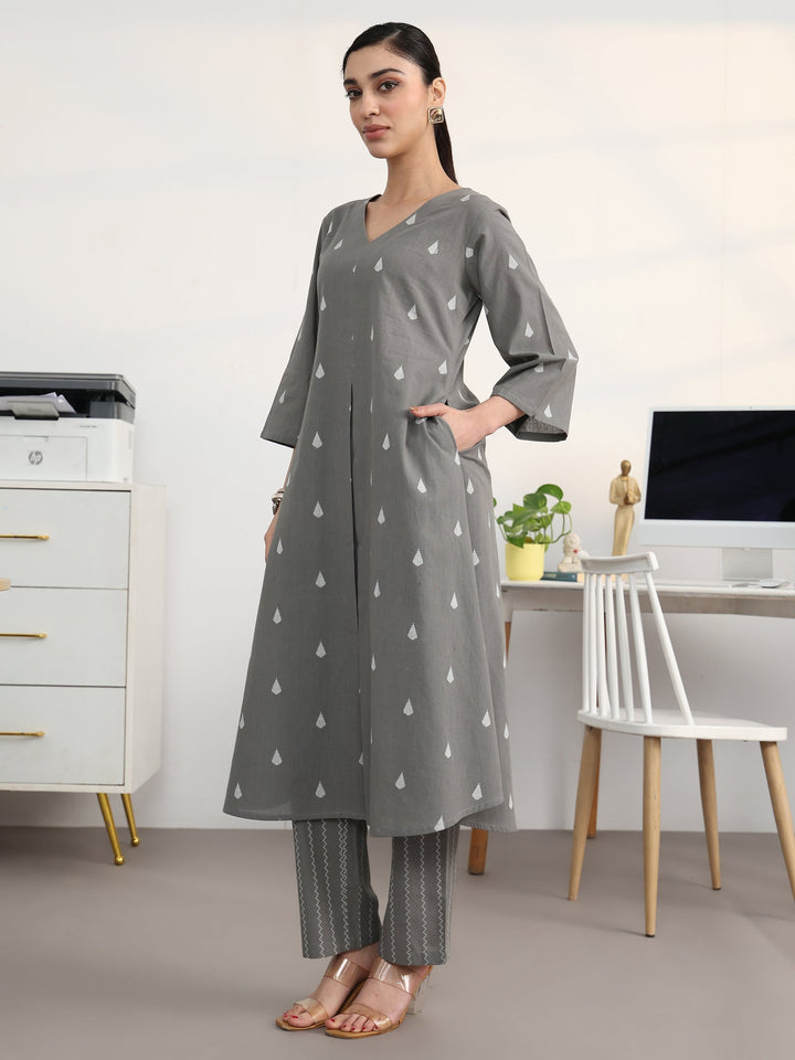 Libas Grey Floral Woven Design Cotton Blend A-Line Kurta Set