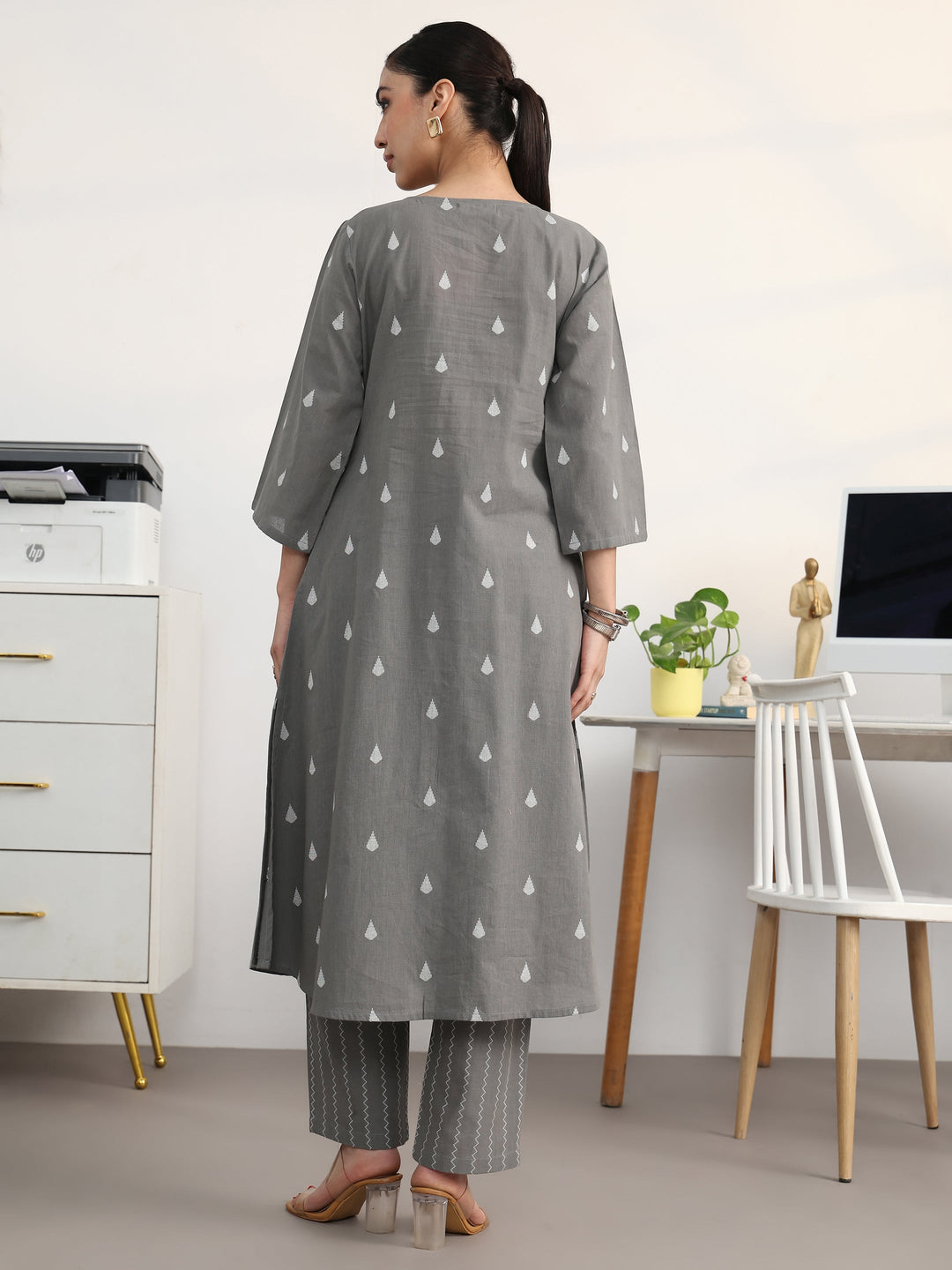 Libas Grey Floral Woven Design Cotton Blend A-Line Kurta Set
