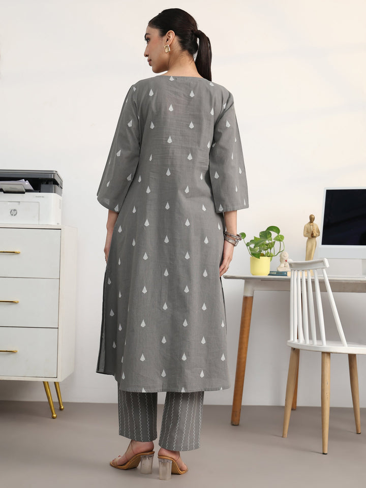 Libas Grey Floral Woven Design Cotton Blend A-Line Kurta Set
