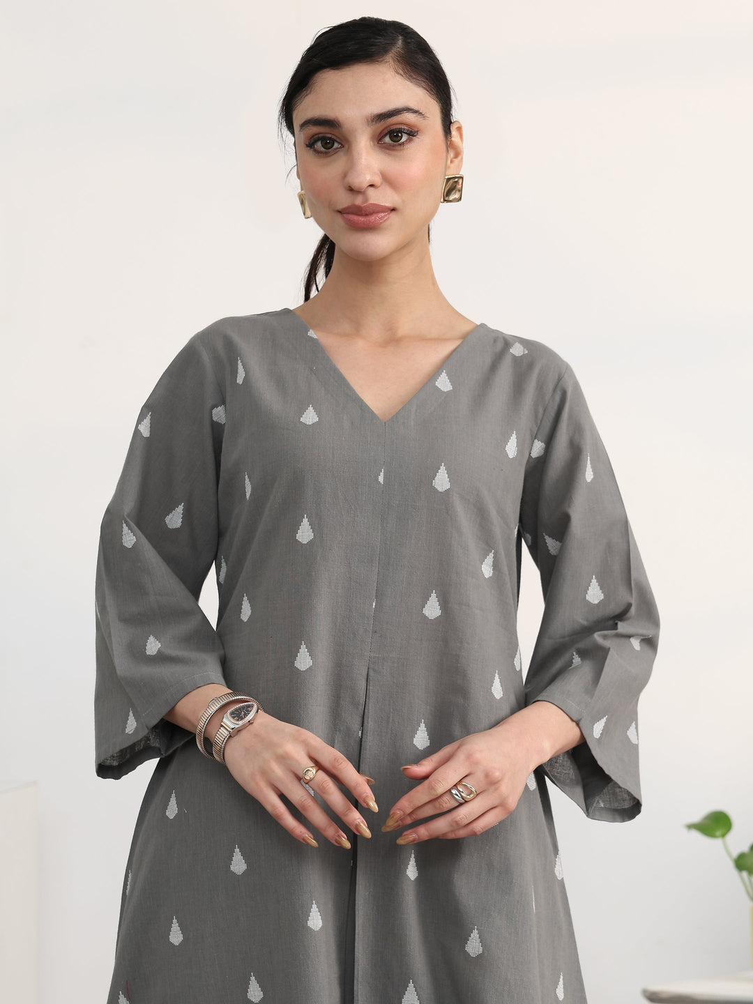 Libas Grey Floral Woven Design Cotton Blend A-Line Kurta Set