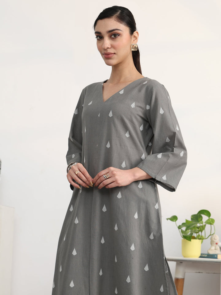 Libas Grey Floral Woven Design Cotton Blend A-Line Kurta Set