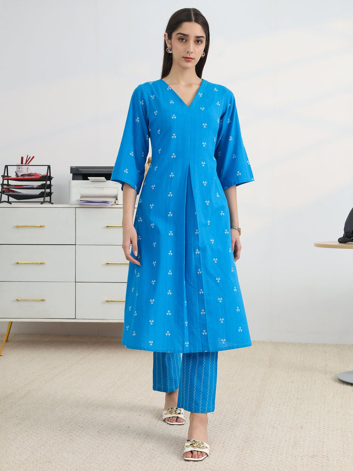 Libas Blue Woven Design Cotton Blend A-Line Kurta Set
