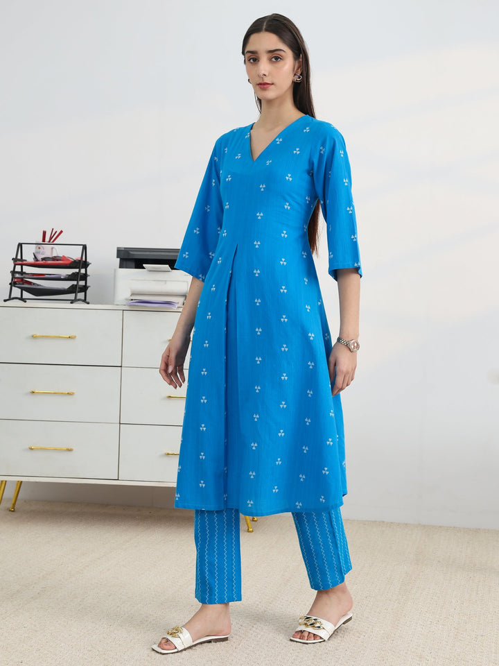 Libas Blue Woven Design Cotton Blend A-Line Kurta Set