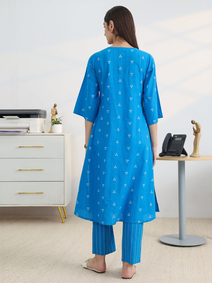Libas Blue Woven Design Cotton Blend A-Line Kurta Set