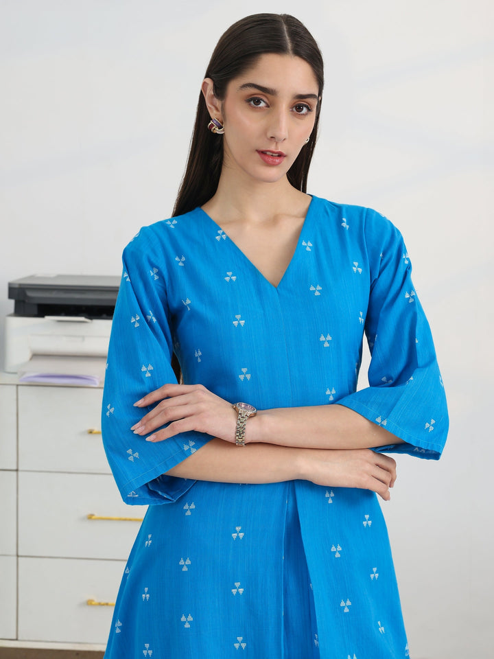 Libas Blue Woven Design Cotton Blend A-Line Kurta Set