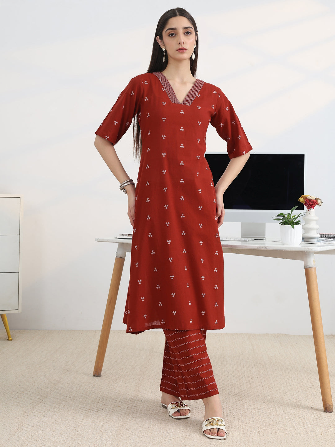 Libas Red Woven Design Cotton Blend A-Line Kurta Set
