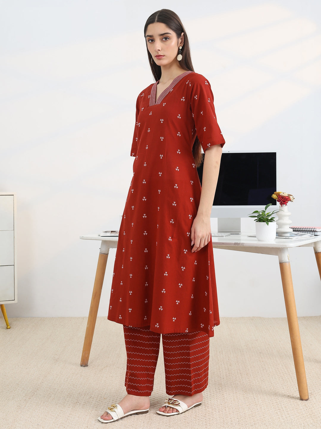 Libas Red Woven Design Cotton Blend A-Line Kurta Set