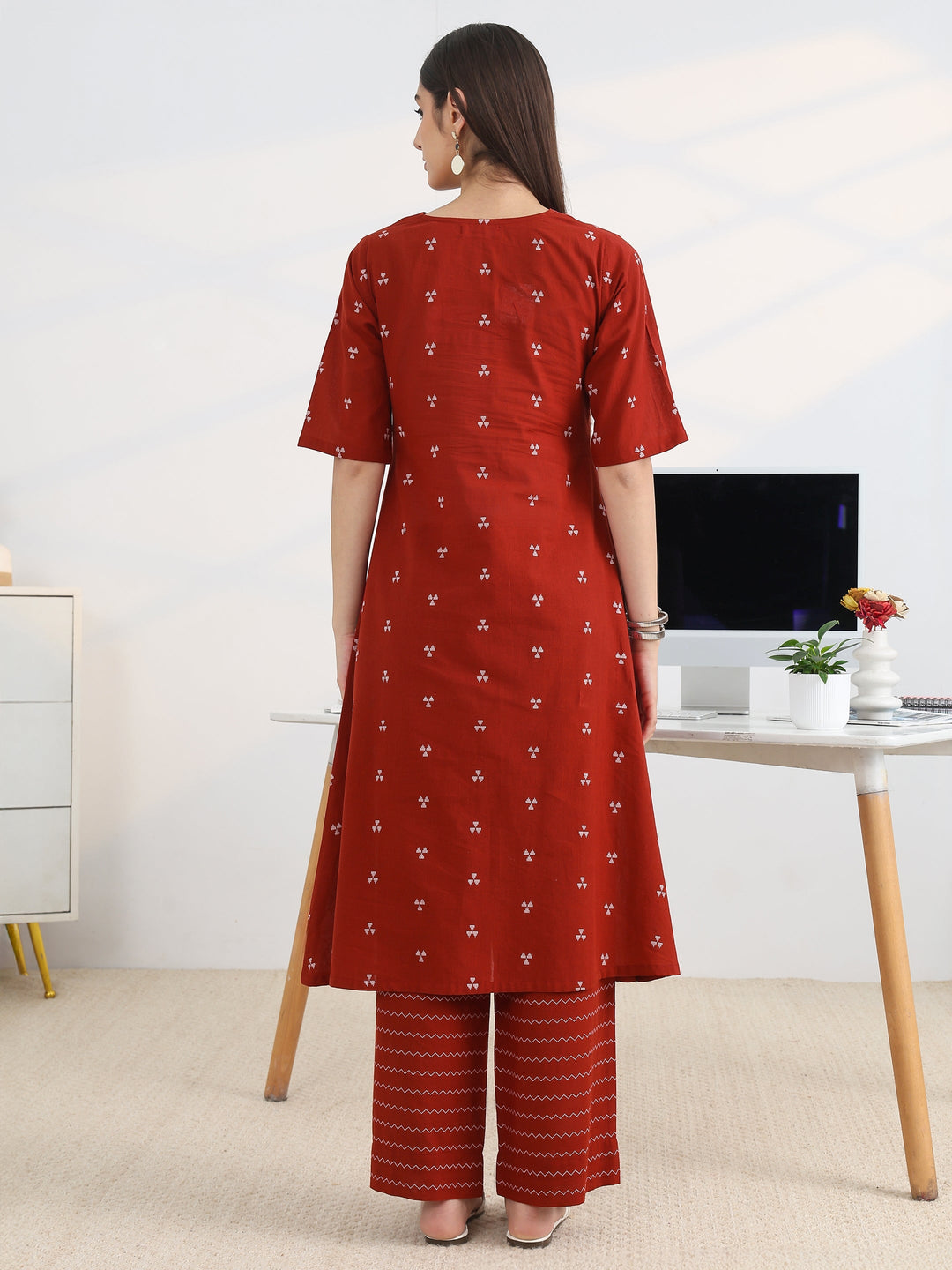 Libas Red Woven Design Cotton Blend A-Line Kurta Set