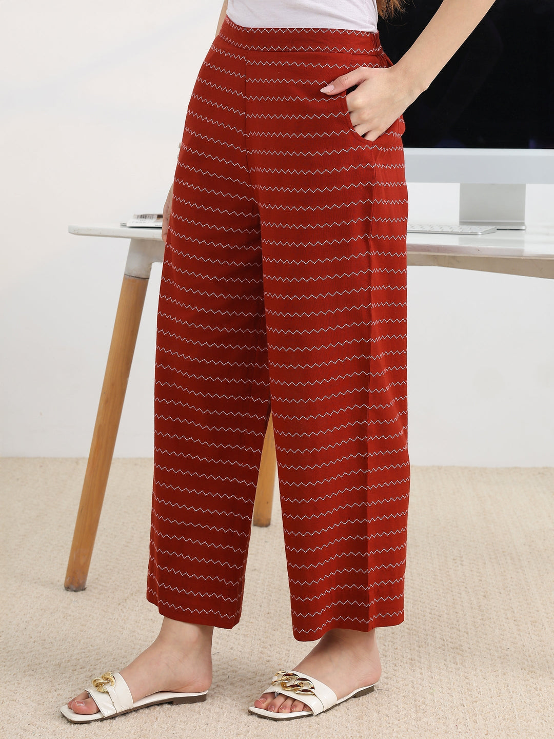 Libas Red Woven Design Cotton Blend A-Line Kurta Set