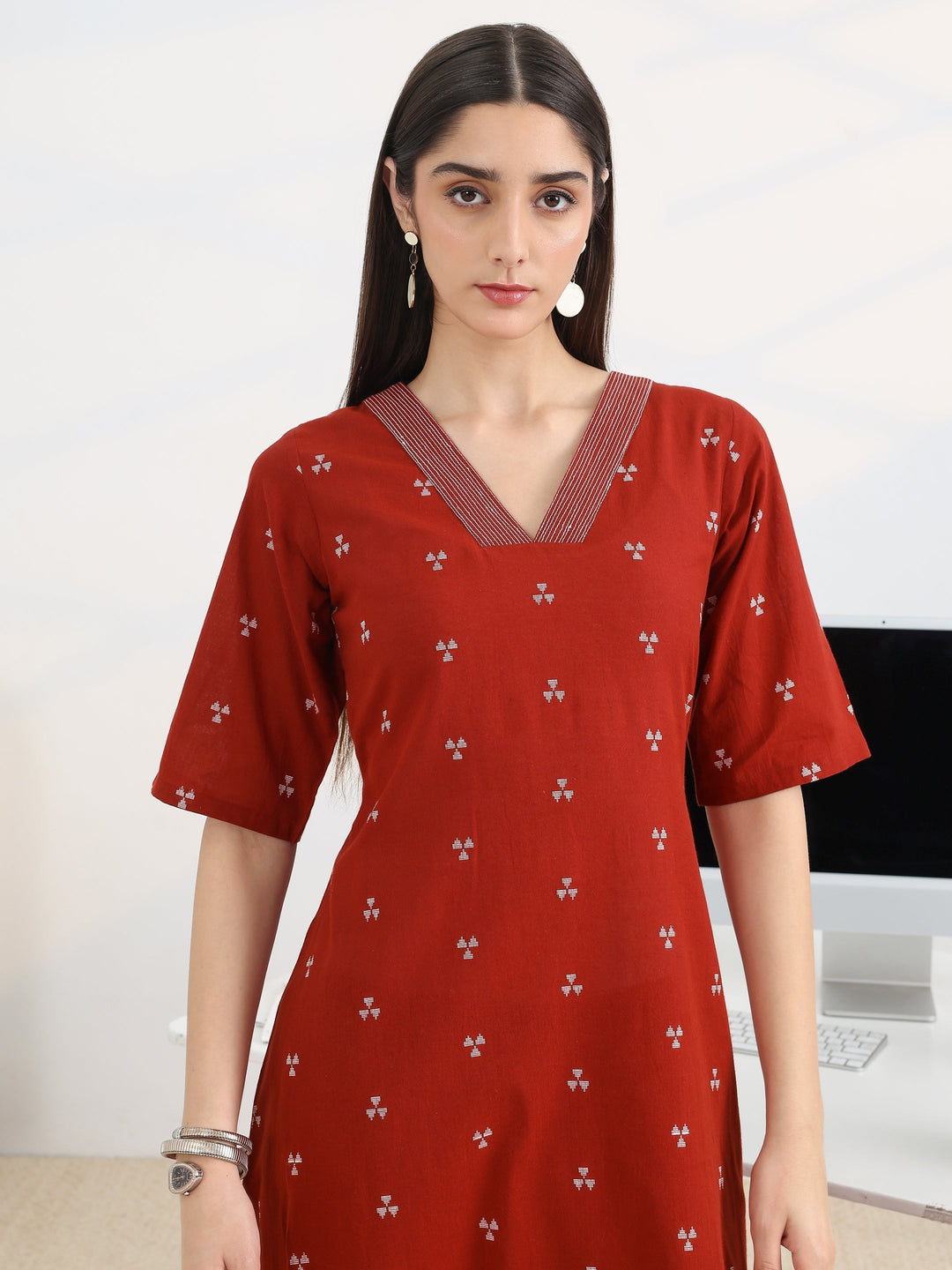 Libas Red Woven Design Cotton Blend A-Line Kurta Set