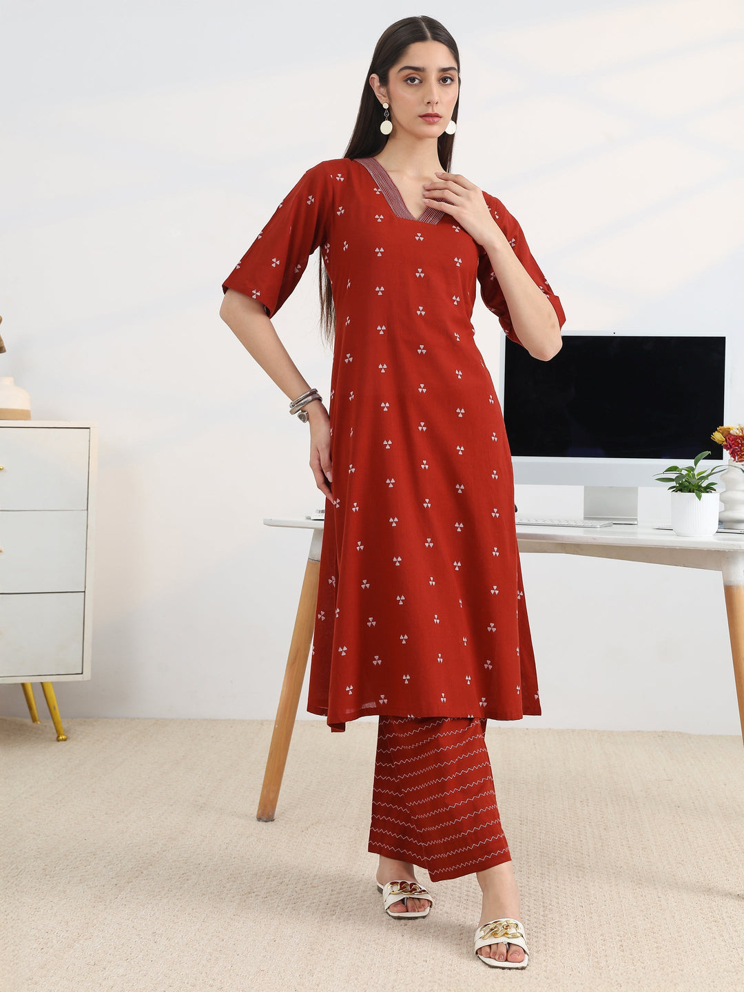 Libas Red Woven Design Cotton Blend A-Line Kurta Set