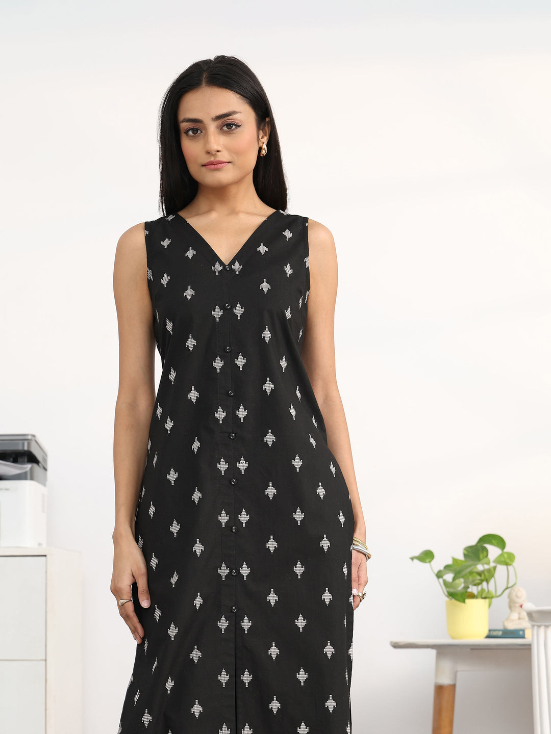 Libas Black Floral Printed Cotton Blend Straight Kurta Set