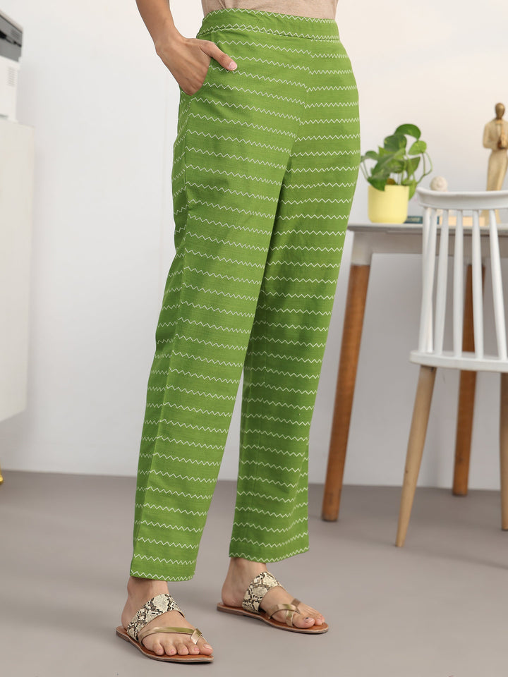 Libas Green Floral Woven Design Cotton Blend A-Line Kurta Set