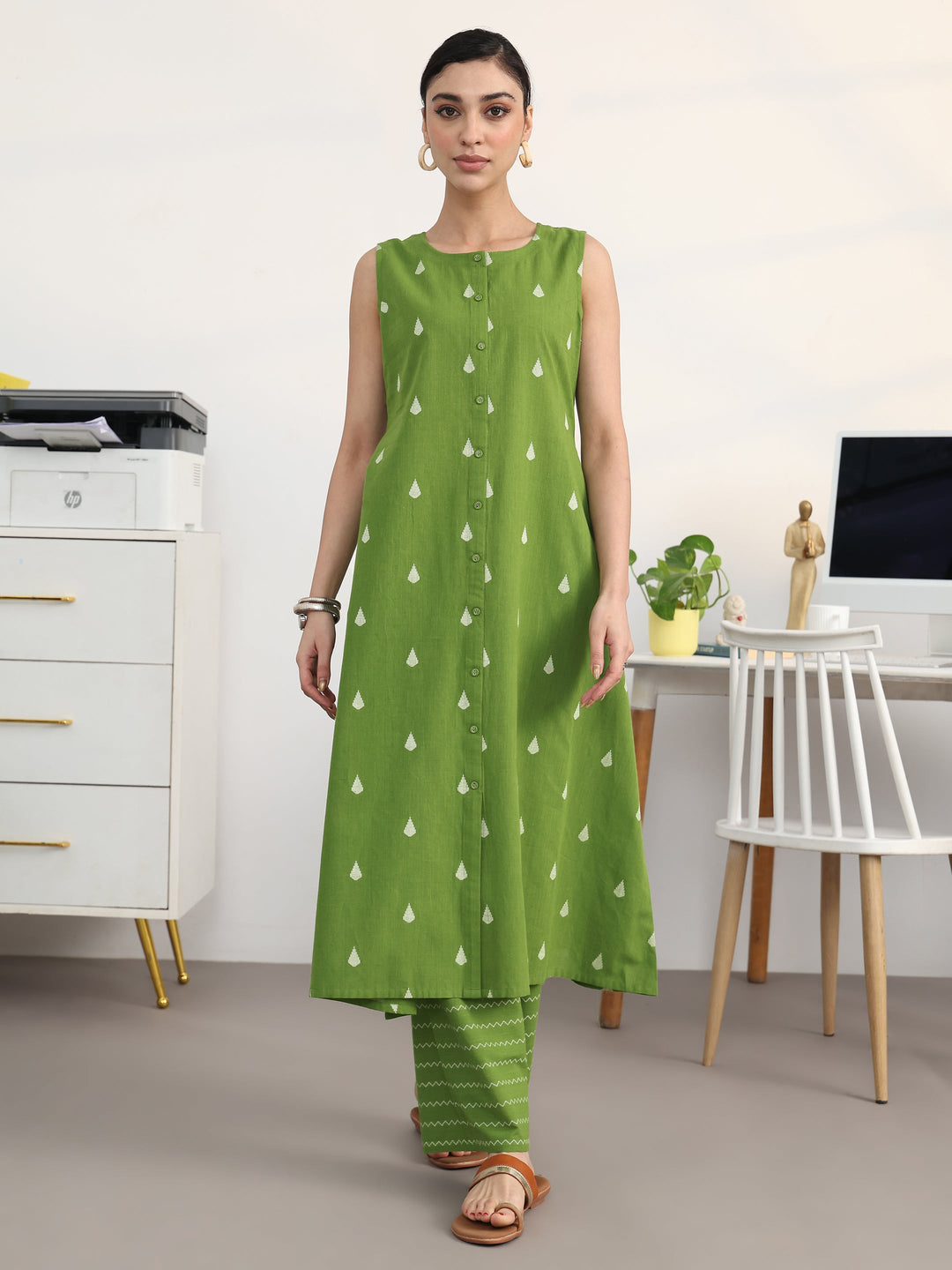 Libas Green Floral Woven Design Cotton Blend A-Line Kurta Set