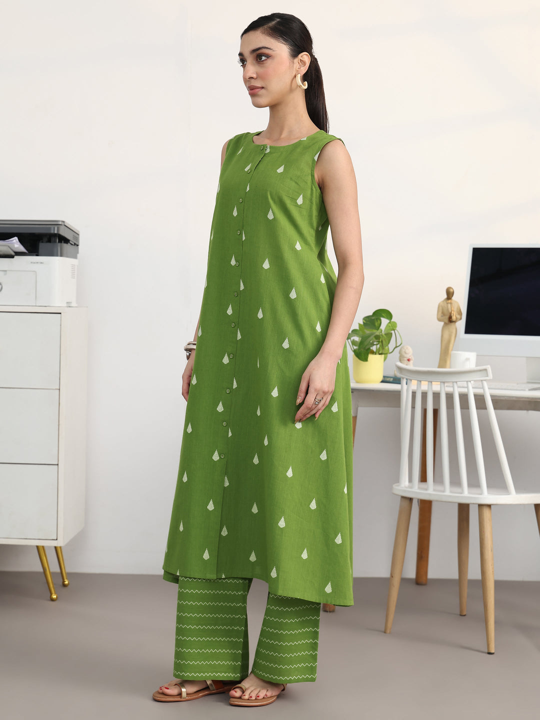 Libas Green Floral Woven Design Cotton Blend A-Line Kurta Set
