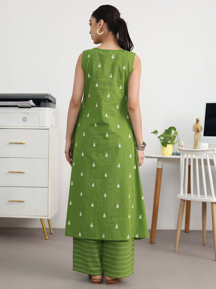 Libas Green Floral Woven Design Cotton Blend A-Line Kurta Set