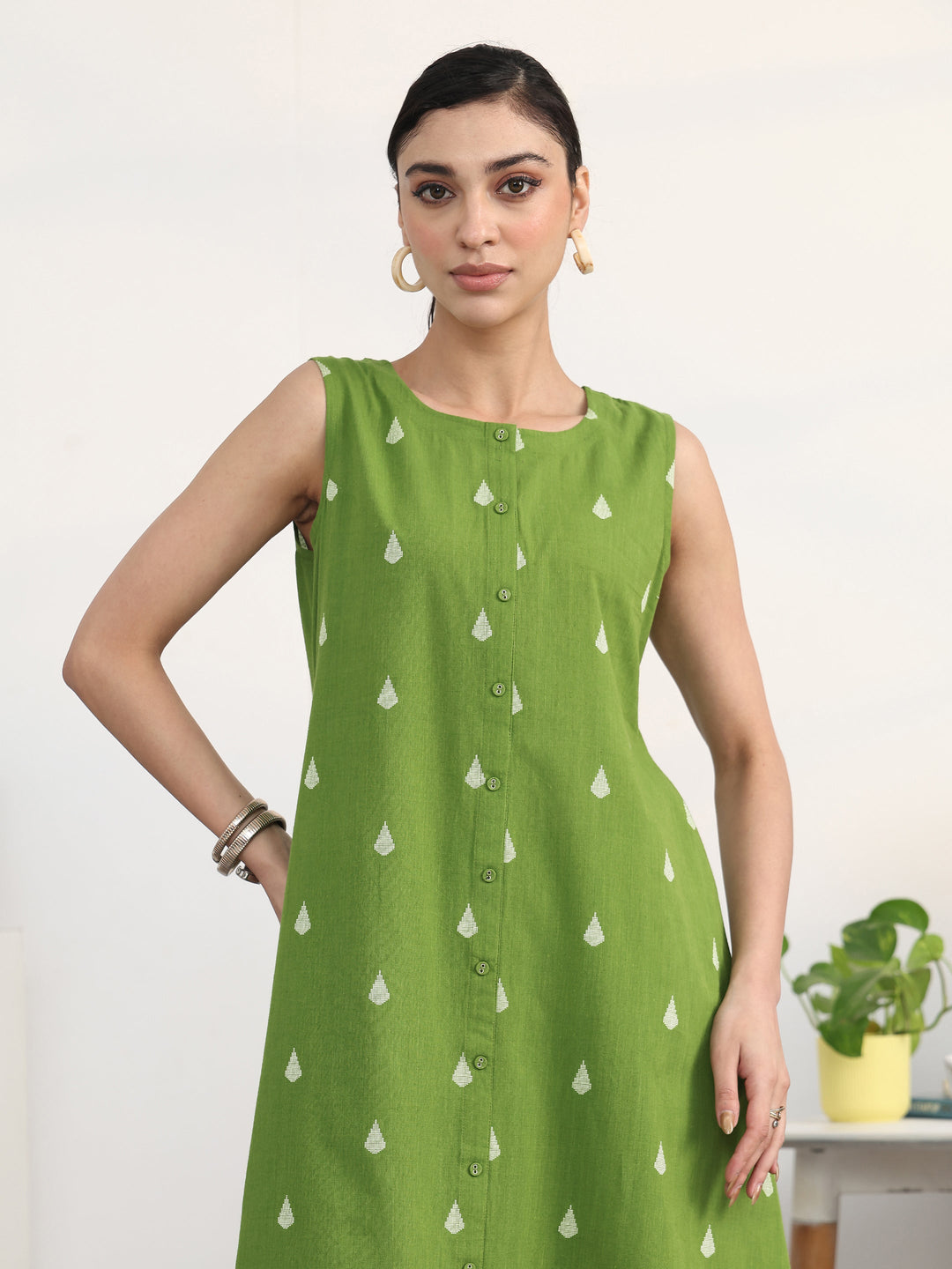 Libas Green Floral Woven Design Cotton Blend A-Line Kurta Set