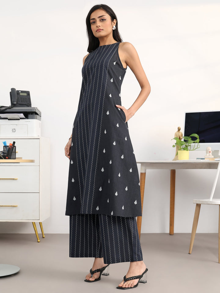 Libas Black Striped Woven Design Cotton Blend A-Line Kurta Set