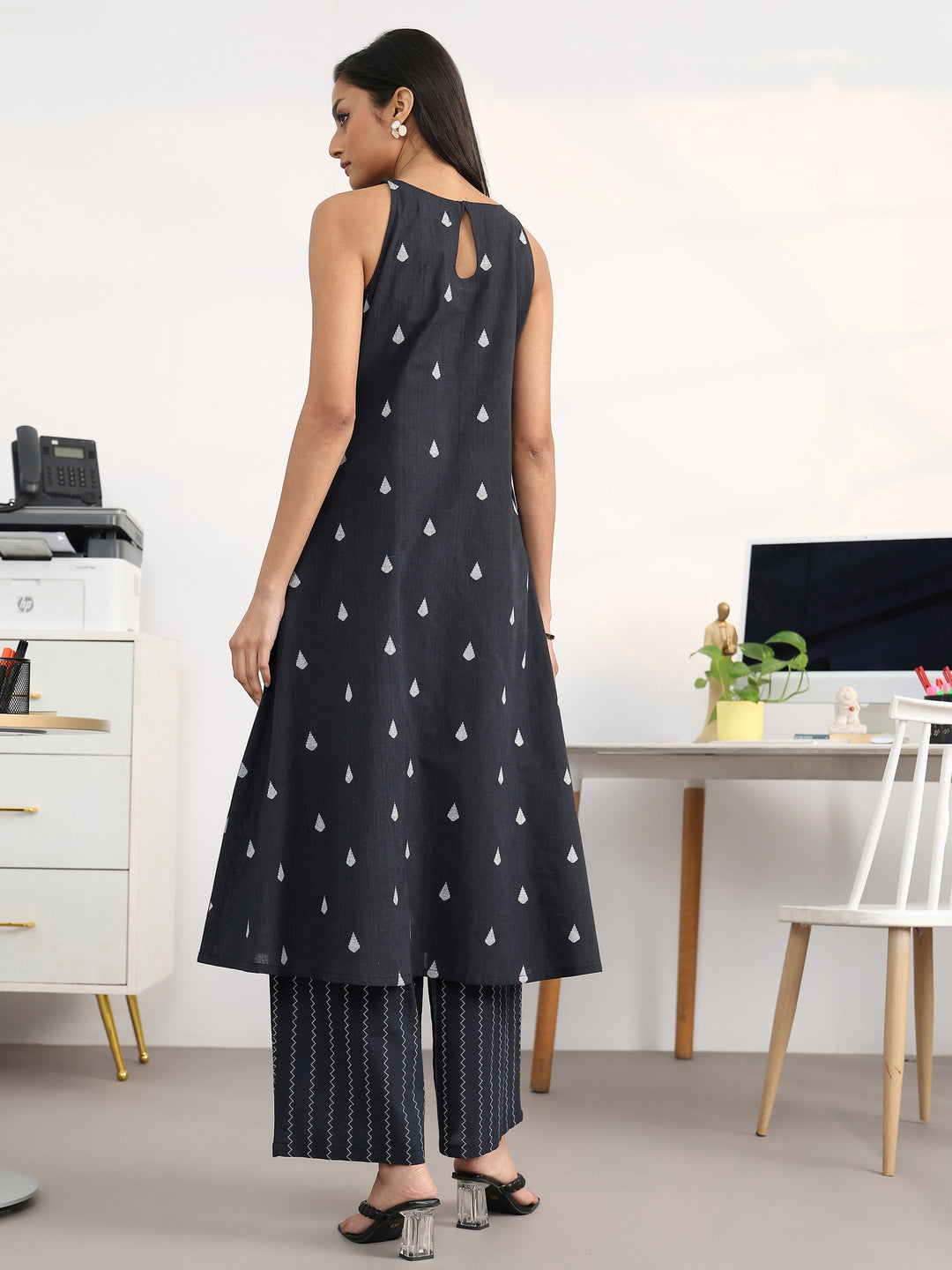 Libas Black Striped Woven Design Cotton Blend A-Line Kurta Set
