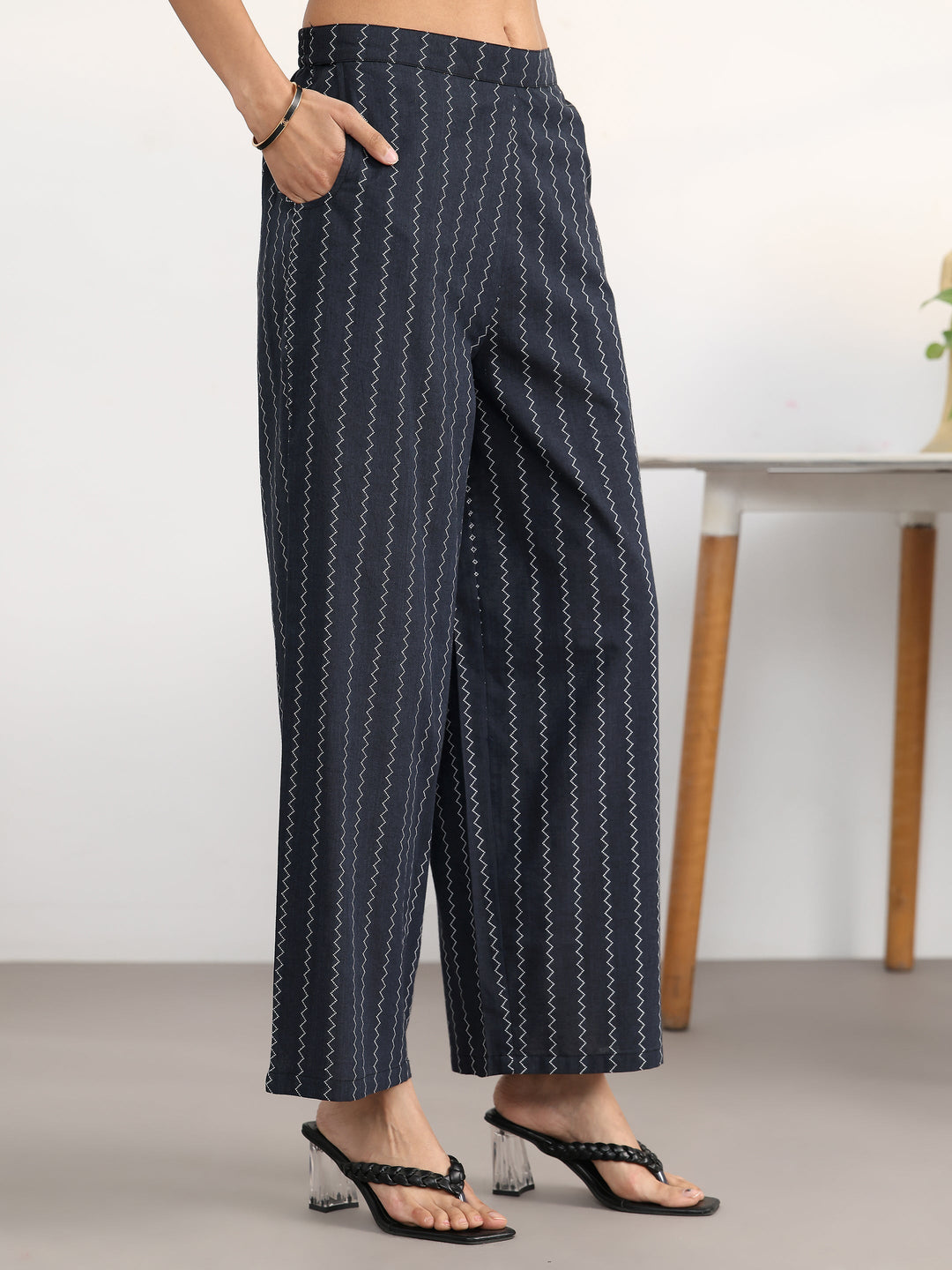 Libas Black Striped Woven Design Cotton Blend A-Line Kurta Set