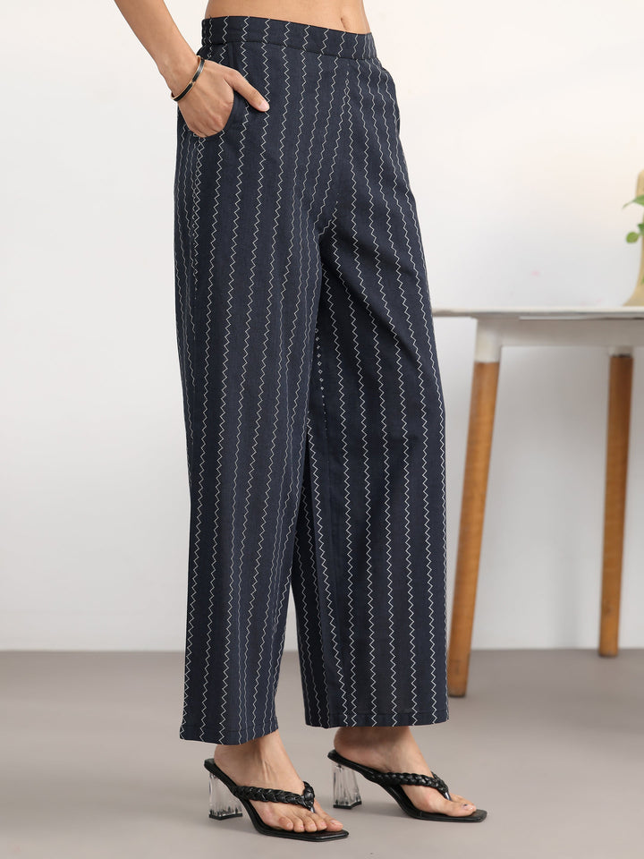 Libas Black Striped Woven Design Cotton Blend A-Line Kurta Set