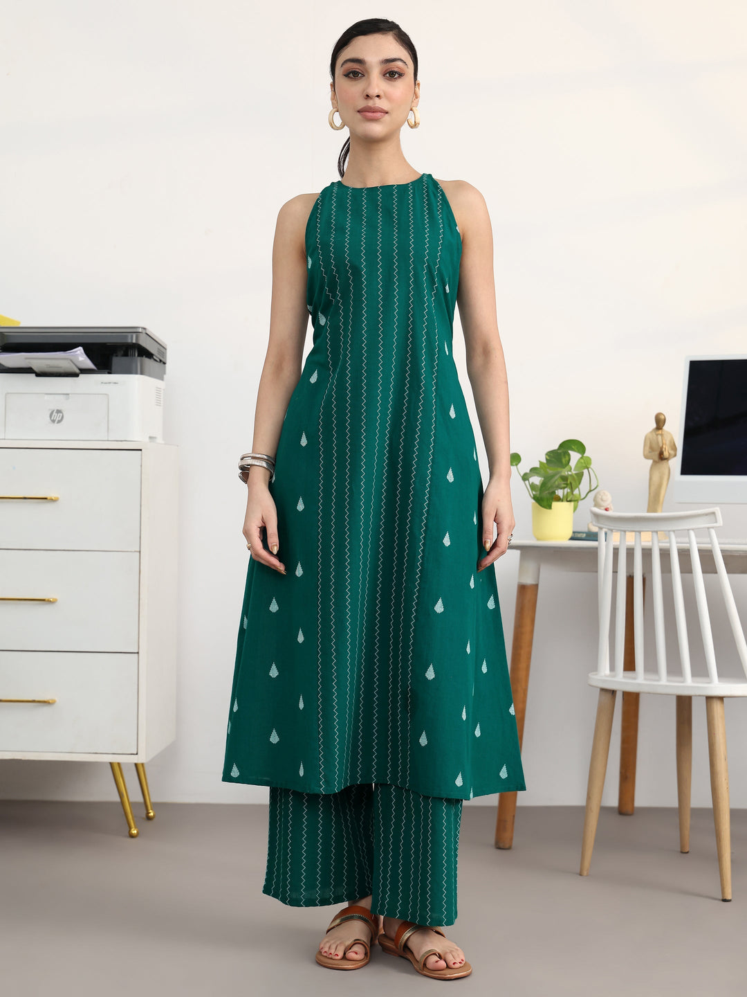 Libas Teal Striped Woven Design Cotton Blend A-Line Kurta Set