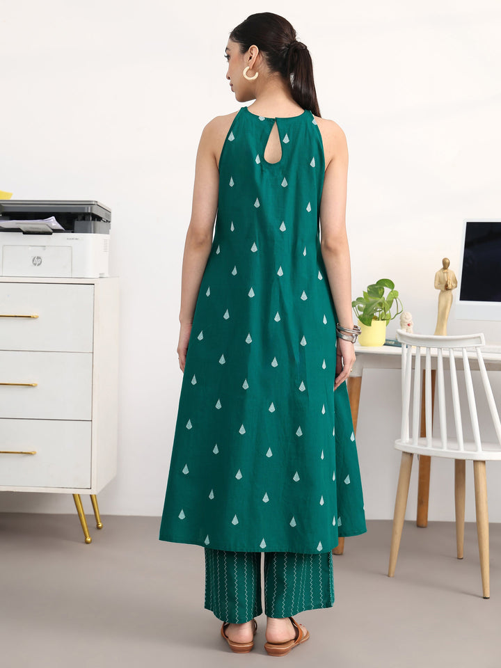 Libas Teal Striped Woven Design Cotton Blend A-Line Kurta Set