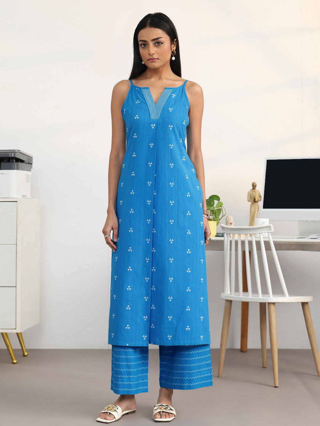 Libas Blue Ethnic Motifs Woven Design Cotton Blend A-Line Kurta Set